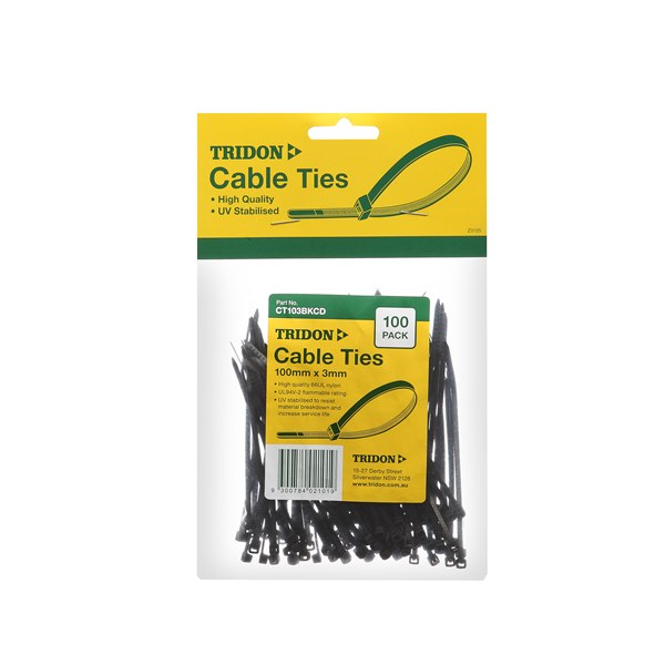 Tridon Cable Tie - Black 100mm long x 3mm wide - Card of 100