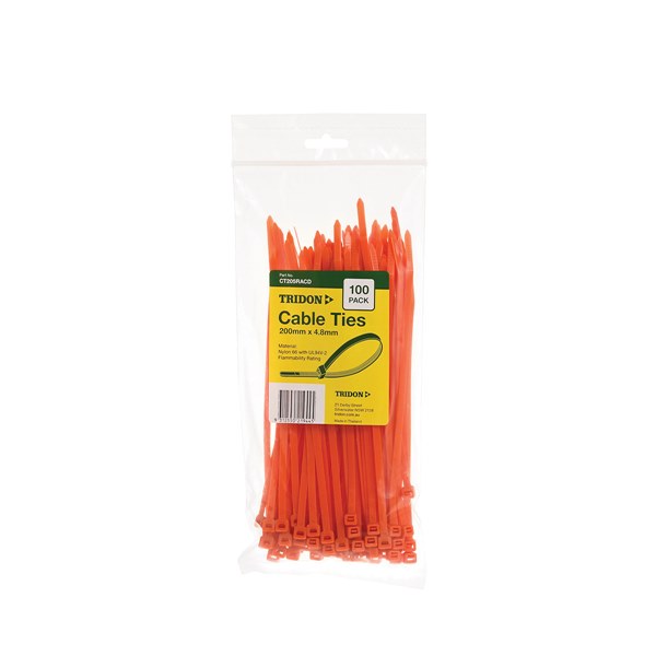 Tridon Cable Tie Orange 200mm long x 4.8mm wide - Card of 100