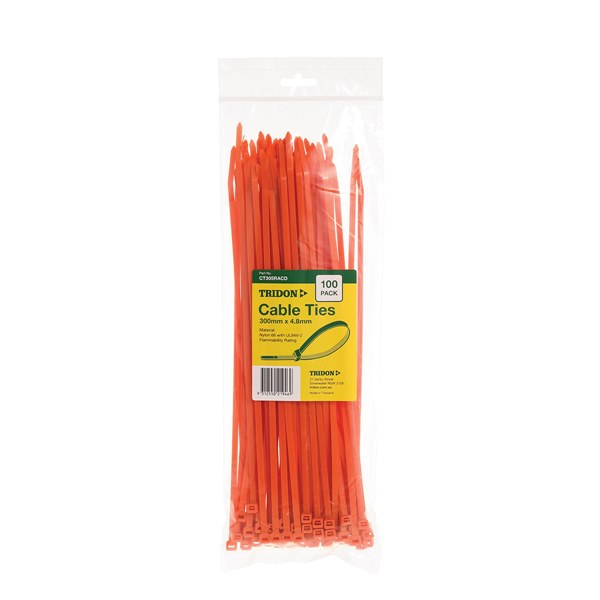 Tridon Cable Tie Orange 300mm long x 4.8mm wide - Card of 100