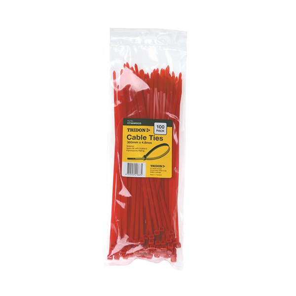 Tridon Cable Tie Red 300mm long x 4.8mm wide - Card of 100