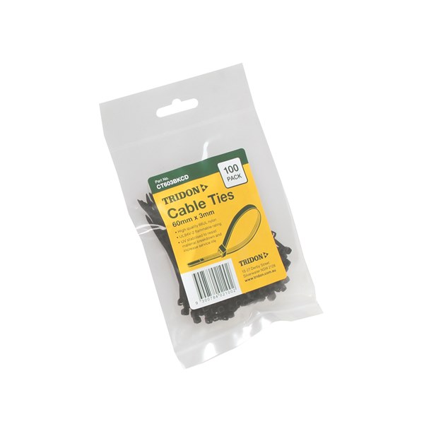 Tridon Cable Tie - Black 60mm long x 3mm wide - Card of 100