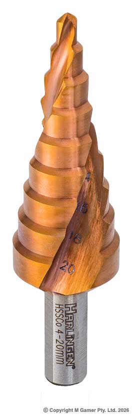 Harlingen H-11-001B-G02 4-20mm 1/4" Shank Spiral Flute Step Drill - Cobalt (M35)