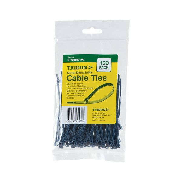 Tridon Cable Tie - Metal Detectable 100mm long x 3mm wide - Pack of 100