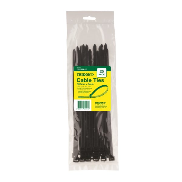 Tridon Cable Tie - Black 300mm long x 8mm wide - Card of 25